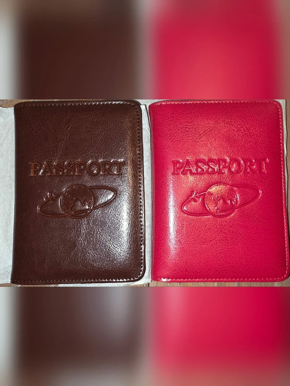 NEW Set of Two (2) Embossed Passport Cover Brown & Red